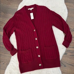 Loft Women's Burgundy Cable Knit Cardigan Sweater, size small